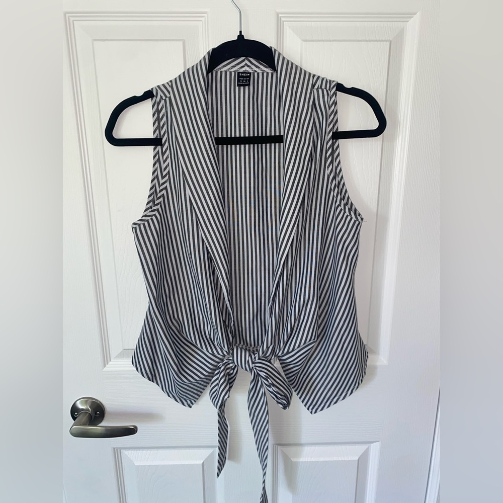 Black & White Vertical Stripe Tie-Front Top